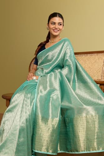 Taneira Women Light Blue Woven Viscose Tissue Saree with Unstitched Blouse Piece (SAPP03AC2548-Light Blue)