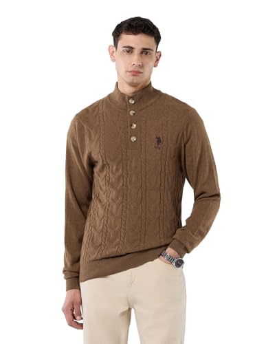 U.S.Polo Association Men's Patterned Cable Knit Regular Fit Sweater (USSWE2443_Khaki_M)