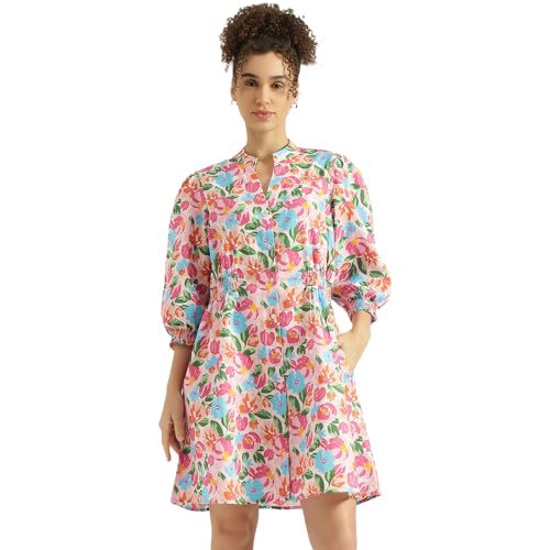 United Colors of Benetton Regular Fit Mandarin Collar Floral Print Diffused Linen Dress (Size: 2XL) - 26P4WVNDR324I903 Multicolor