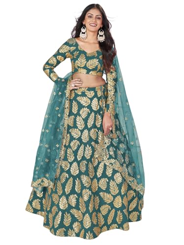 Zeel Clothing Women's Sequins Zari Embroidered Pure Georgette Semi Stitched Lehenga Choli With Dupatta (5120-Teal-Green-Wedding-Stylish-Lehenga-Choli-Latest; Free Size)