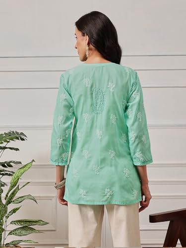 Ada Handcrafted Lucknow Chikankari Women's Straight Cotton Short Kurti Top Tunic A273668 (Sea Green, XS)