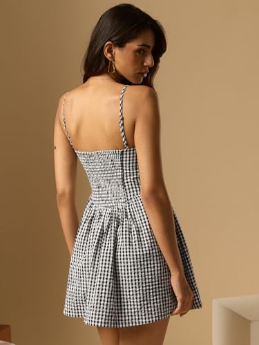 The Souled Store Gingham Dress: Ladybug Women and Girls Sleeveless Square Neck Black White and Red Embroidered Cotton Fit and Flare Smocked Back Casual Summer Everyday Comfortable Trendy Mini Dresses