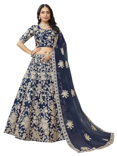 Zeel Clothing Women's Dori With Sequins Embroidered Work Slub Silk Designer Lehenga Choli with Dupatta (7099-Womens-Lehenga-Choli-Latest; Free Size) (Blue)
