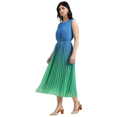 United Colors of Benetton Regular Fit Round Neck Ombre Pleated Dress (Size : M) - 26P4WVNDR328I902 Blue