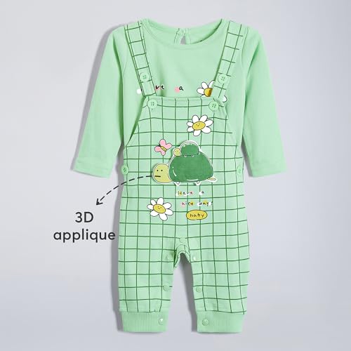 Hopscotch Girls Full Sleeves Green 2-Pc Turtle Applique Cotton Dungaree Set For Ages (9-12 Months)