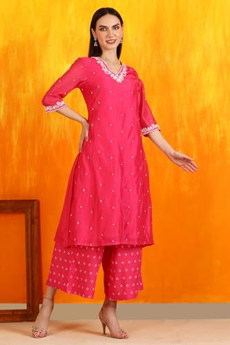 W for Woman Pink Embroidered Chanderi Panelled Kurta, Cropped Pants and Dupatta Set (Size: L)-WS12729-223576