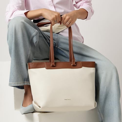 Fastrack Vanilla Clay Laptop Tote Bag | White on Tan Faux Leather Work Tote with 14 Inch Laptop Sleeve | Zip Closure with Organizer Pocket & Dual Handles