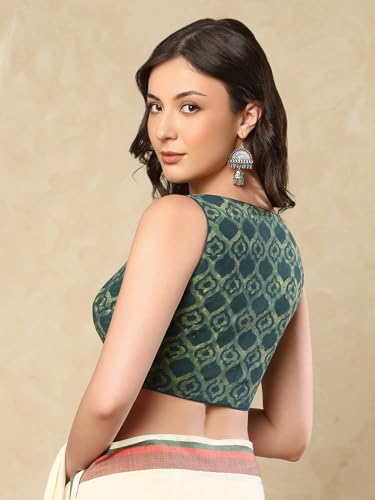 S SALWAR STUDIO Green Ajrak Sweetheart Neck Sleeveless Readymade Saree Blouse