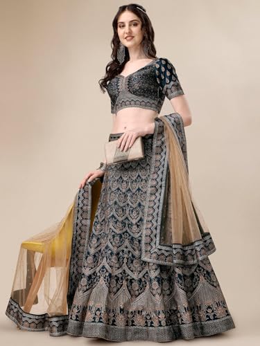 SAPTRANGI Women's Embroidered Ready to Wear Lehenga & Blouse with Dupatta (Navy Blue & Beige, XL)