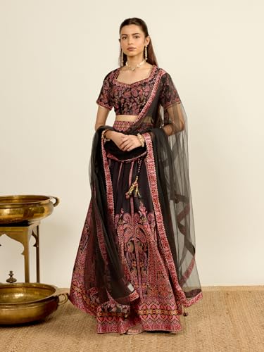 Aarke Ritu Kumar Black Square Neck Blouse With Lehenga And Dupatta