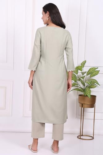 W for Woman Green Floral Printed Embroidered Rayon Straight Kurta and Pants Set - (WS13697-401078-3XL)