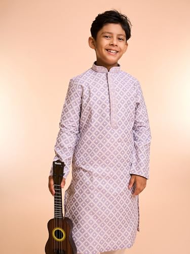 Manyavar Boys Art Silk Lattice Patterned Kurta Pyjama Set (Lilac,12-14Y)