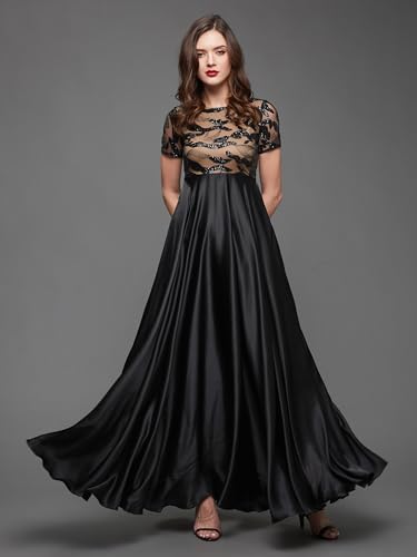 Miss Chase Women's Boat-Neck Short-Sleeve Abstract FitFlare Satin Maxi Dress (MCAW25D88-99-984-04, Elderberry Black, M)