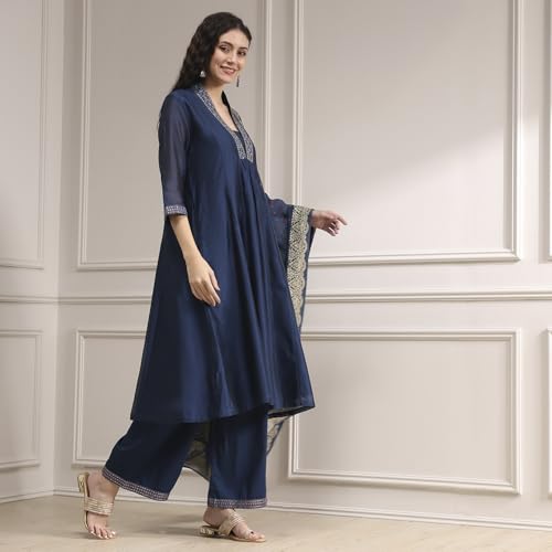 Biba Women Blue Chanderi Gathered Dyed Kurta Set_38