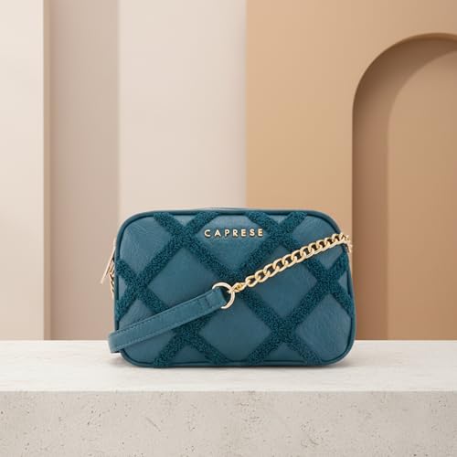Caprese Athena Small Chenille Embroidered Sling Bag for Women | Elegant Multi-Compartment Shoulder Bag with Adjustable Strap | Party & Travel Crossbody Purse (Transformative Teal)