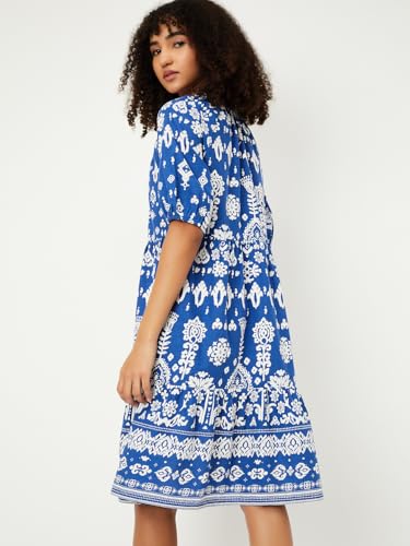 Max Women Printed A-line Dress (Blue_XL)
