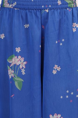 W for Woman Blue Floral Printed Halter Neck Chiffon Kurta with Flared Pants and Dupatta Set (Size: L)-WS12494-125435
