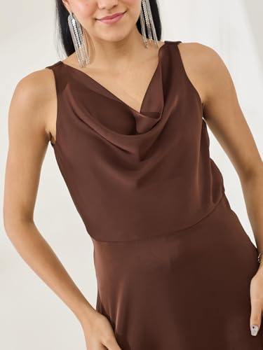 Latin Quarters Women's Brown Solid Sleeveless Cowl Neck Party A-Line Dress_XL