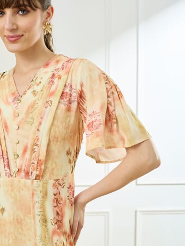 Latin Quarters Women's Yellow Half Sleeves V-Neck Casual Printed Dress_XXL
