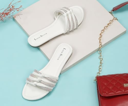 LOUIS STITCH Women's Fashion Flat Slip On Sandals | Open Toe White Stylish Flat Sandal for Ladies, Comfortable All day Wear Slipper | LSOF-LDSL-GLTSWH | (UK-3)