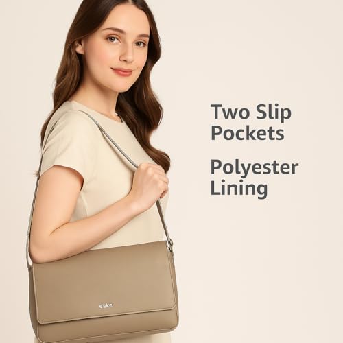 eske Maik Vegan Leather Shoulder Bag for Women | Adjustable 58 cm Strap | Magnetic Snap Closure | Two Slip Pockets | Lightweight & Stylish Daily Crossbody Purse | Compact & Versatile Sling Bag (Stone)