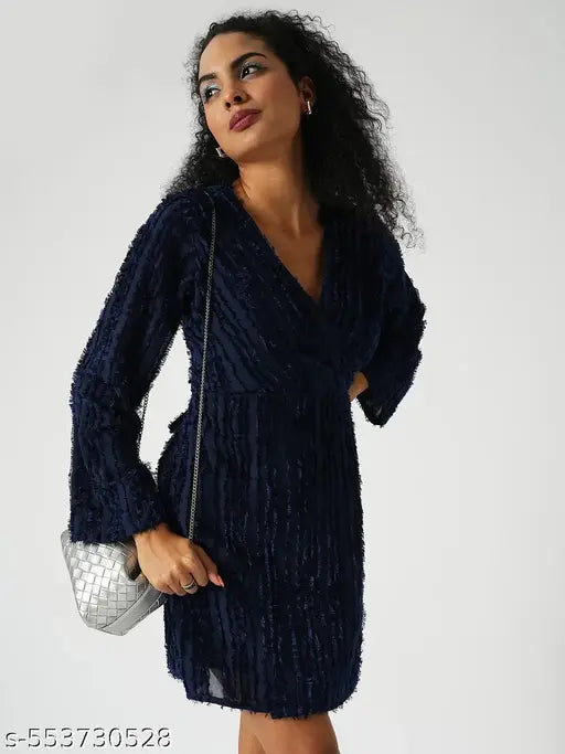 Globus Women Navy Blue Self Textured V-Neck Sheath Mini Party Dress