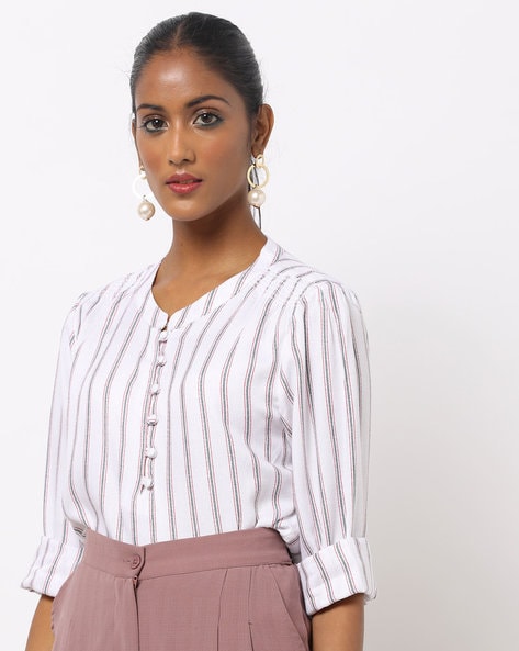 Striped Shirt with Mandarin Collar