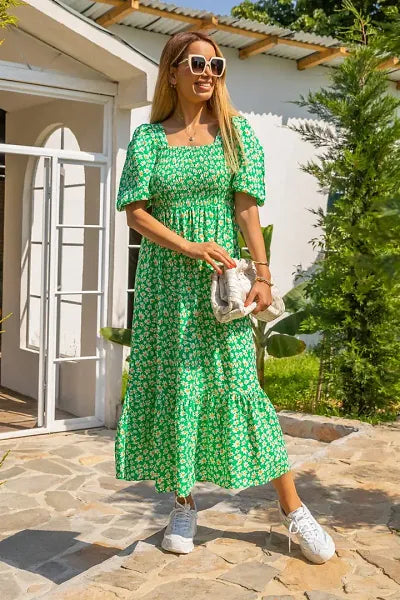 Stylish Printed Green Crepe Maxi Dresses For Women