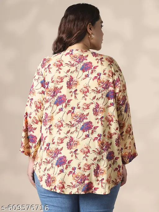 Globus Gloplus Women Cream V-Neck Floral Print Curved Hem Plus Size Top