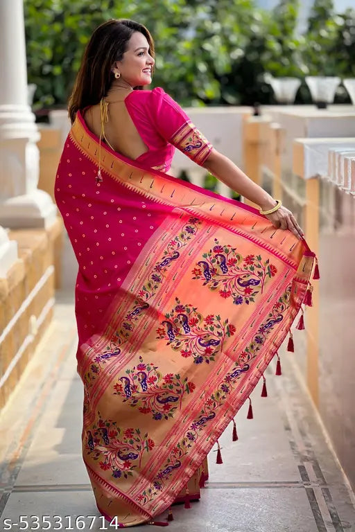 ROOP LAVANYA Pink Kanjeevaram Paithni Pure Soft Silk Saree With Unstiched Blouse Piece