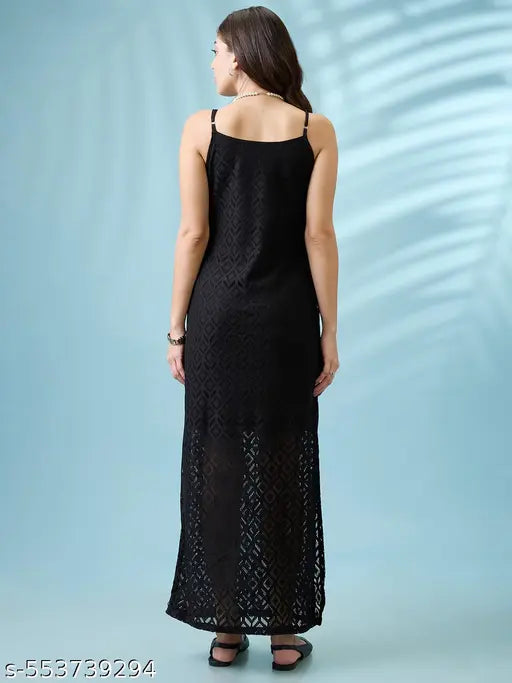 Globus Women Black Crochet Geometric Pattern Strappy Sleeves Side Slit Sheath Maxi Dress