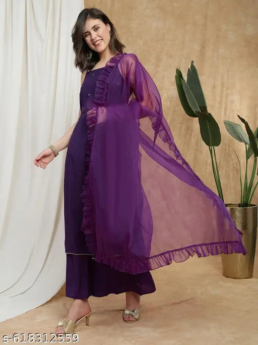 Globus Women Purple Square Neck Strappy Sleeves Sequin Detail Gotta Lace Hem A-Line Kurta With Palazzos & Frill Dupatta Festive Set