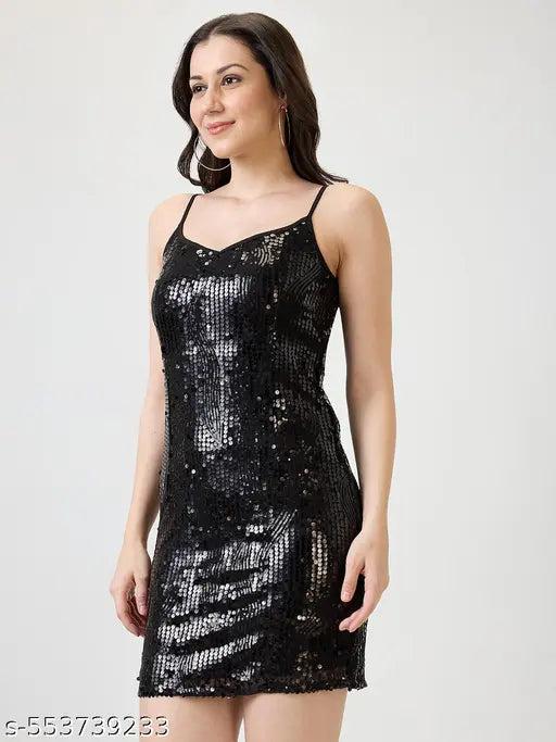 Globus Women Black Neck Adjustable Strappy Sleeves Sequinned Mini Bodycon Party Dress