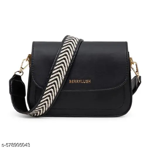 Berrylush Women Solid Black PU Detachable Sling Strap Striped Pattern Structured Regular Sling Bag
