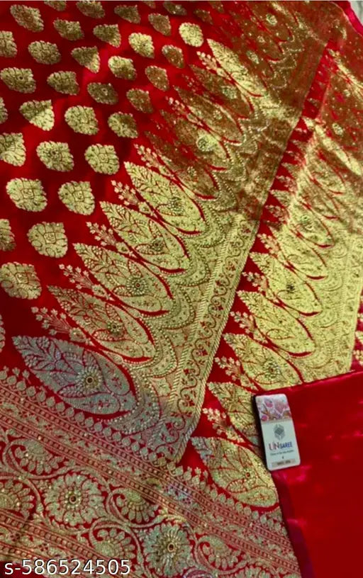 Banarasi Satin Silk Red Stone Work Saree Premium Party Wedding Festival Wear