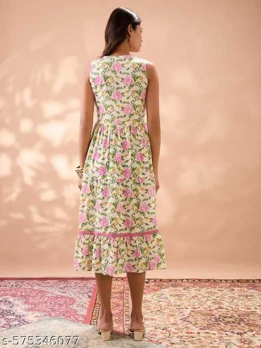 Globus Women Pink V-Neck Floral Print Gathered & Tiered Lace Inserts A-Line Midi Fusion Dress