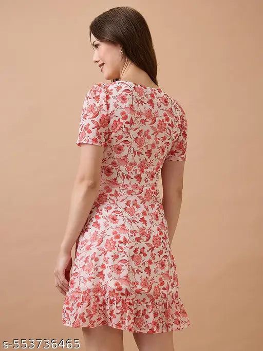 Globus Women Pink Floral Printed Round Neck Short Puff Sleeves Fit & Flare Mini Dress