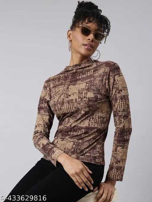 SHOWOFF Women's Abstract High Brown Regular Top