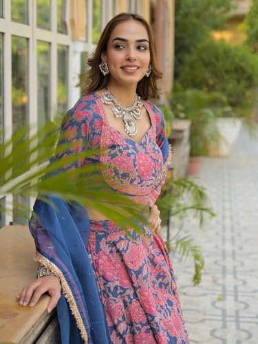 Divena Blue Printed Cotton Lehenga with Choli and Dupatta