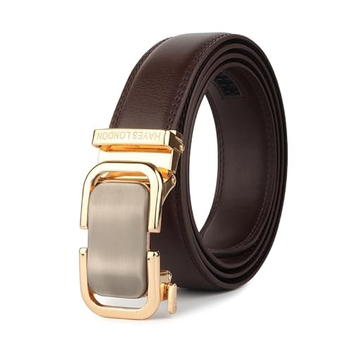 HAYES LONDON Genuine Leather Belt for Men with Auto Lock Ratchet Buckle | No Hole Micro Adjustable Slide Lock Belt | Premium Casual & Office Wear Men’s Belt, (Onesize) Vanguard_Brown_Gold