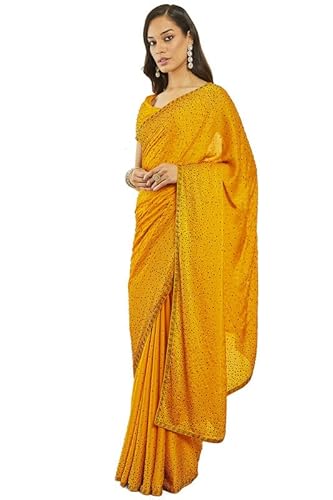 Mustard Crepe All-Over Stone Embellished Saree(SRPXDESR03976E)