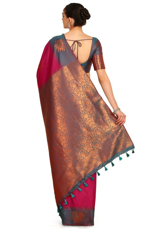 Soch Womens Fuchsia Floral Zari Woven Design Silk Blend Saree With Tassels