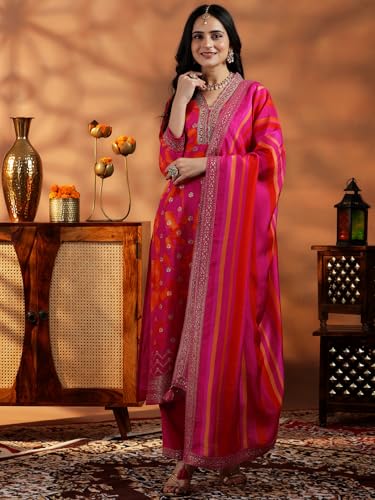 Libas Womens Printed Silk Blend Straight Kurta With Trousers and Dupatta