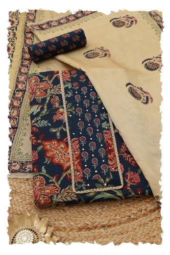 Soch Womens Navy Blue Cotton Botanical Dress Material With French Knot and Faux Mirror