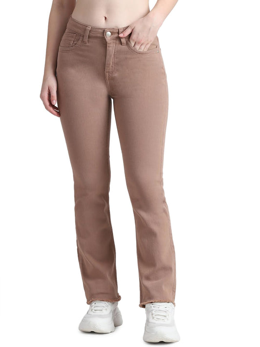 ONLY Women Solid Cotton Flared Fit High Rise Brown Jeans