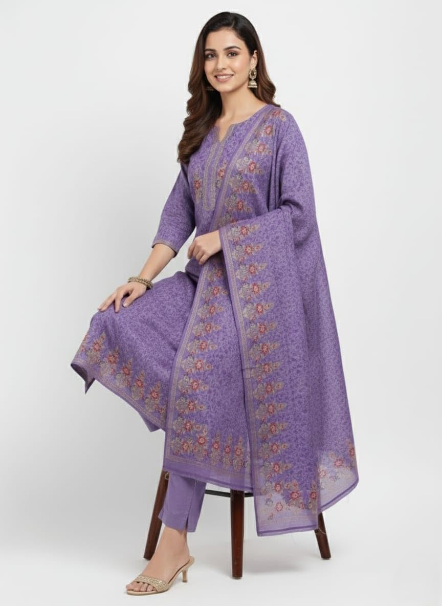 KTI Women Woolen Unstitched Fabric Lavender Suit Set For Women Winterwear