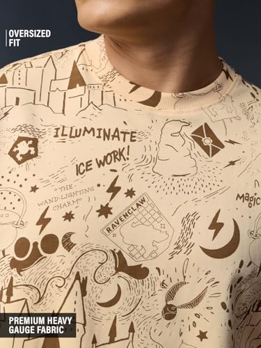 The Souled Store Harry Potter: in The Era Men and Boys Short Sleeves Round Neck Beige Graphic Printed Casual Lightweight Drop Shoulder Streetwear Trendy Cotton Oversized T-Shirt