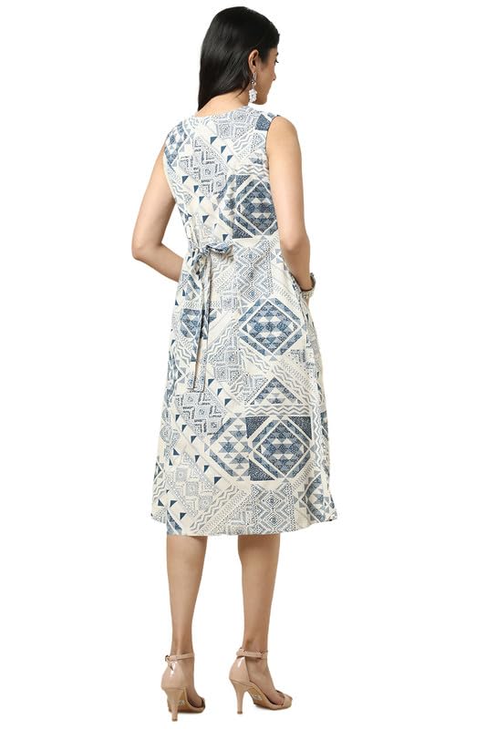 Soch Womens Beige Cotton Slub Geometric Print Dress