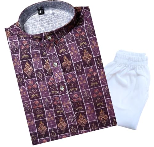TinySteps Traditional Ethnic Wear Boys Printed Kurta With Sequence Work And White Cotton Elastic Waist Pajama Set (Wine)