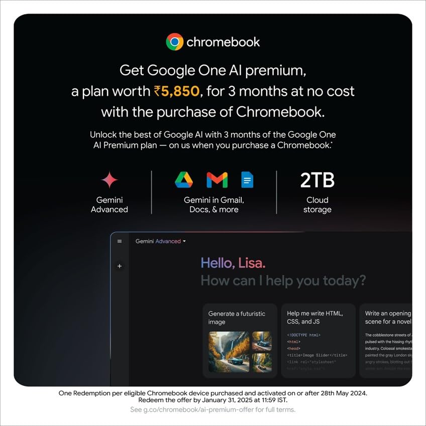 Acer Chromebook, Intel Celeron N4500, 8GB RAM, 128GB Storage, Full HD, 15.6"/39.6cm, Chrome OS, Silver, 1.6KG, CB315-4H, WiFi 6,3 Months Google One AI Premium Plan& 2TB Cloud Storage AI Powered Laptop